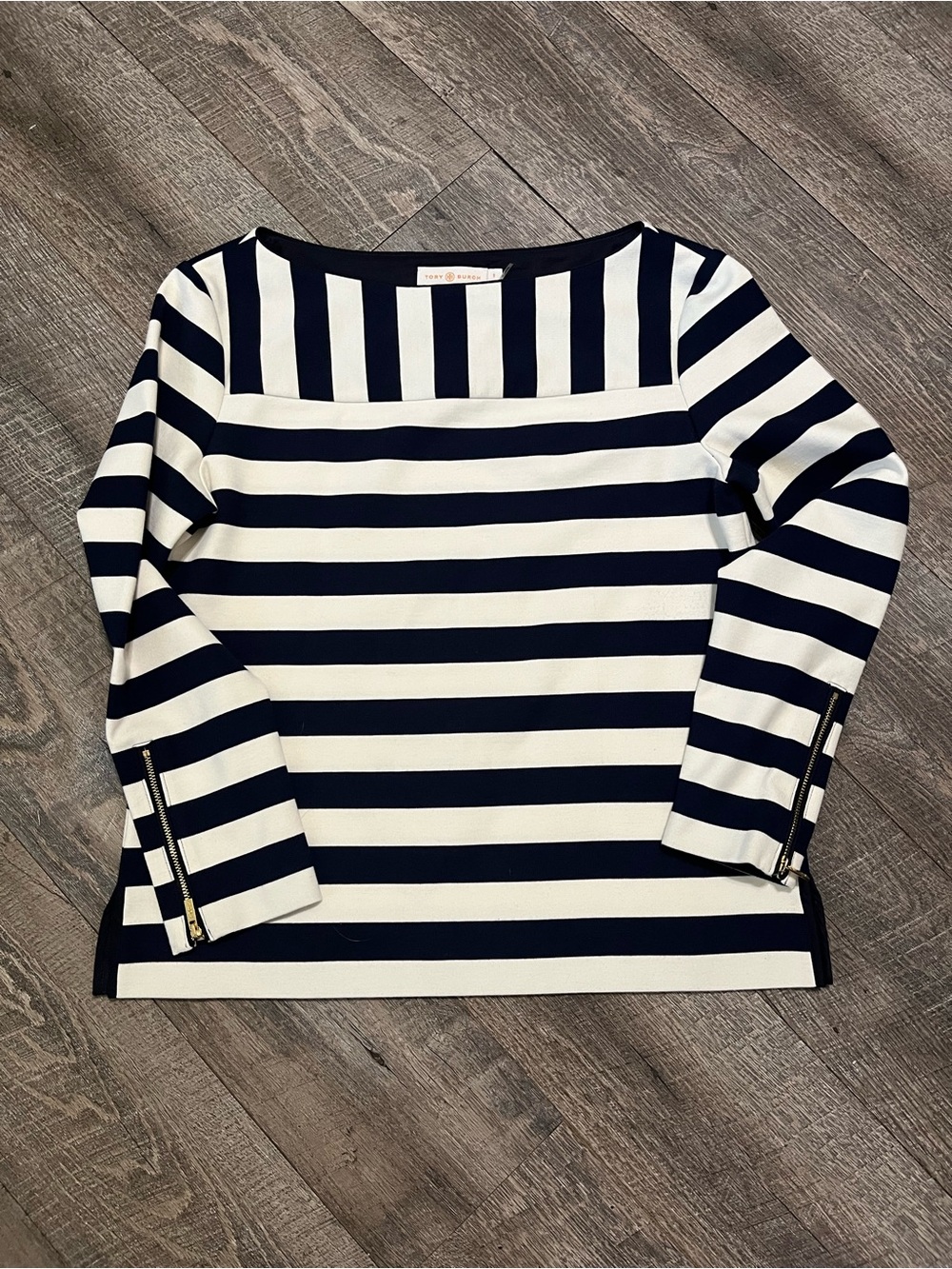 Tory Burch Navy & White Striped Boatneck Top with Sleeve Zips